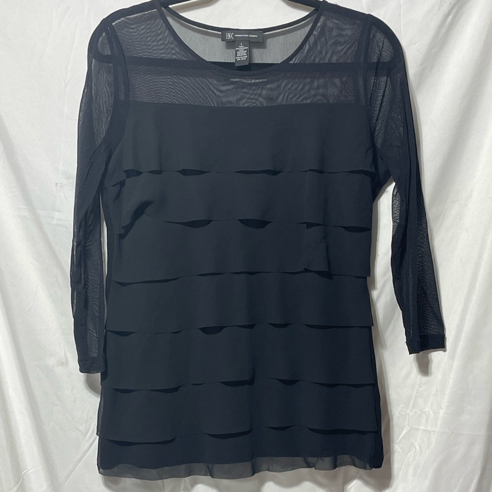 INC International Concepts Black Sheer Panel Ruffle Top